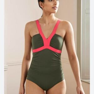 Boden Corsica V Neck One Piece Swimsuit Bathing Suit Green and Pink Size 2